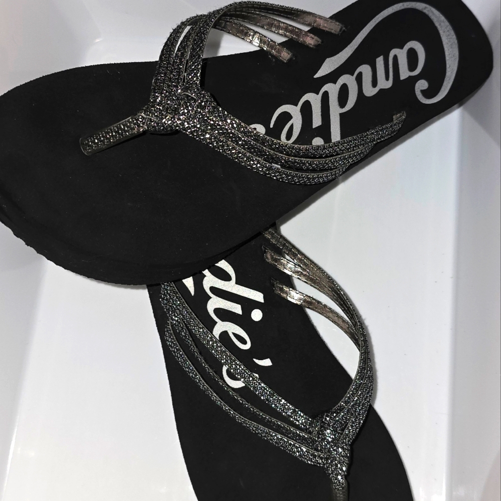Candies: Braided, Strappy Wedge Thong Sandals, Black w/Silvery Bling, Size: 9/10